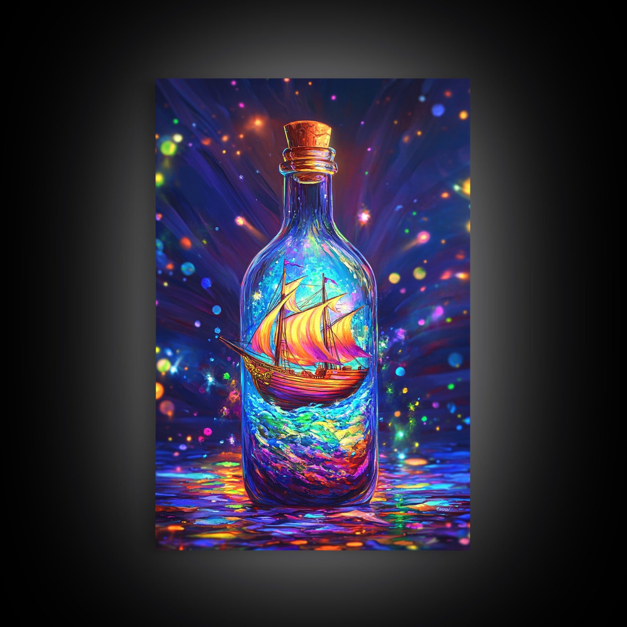 Glowing Ship In A Bottle Framed Canvas Print, Nautical Wall Art, Fantasy Ocean Decor, Coastal Gift For Him Or Her, Statement Artwork
