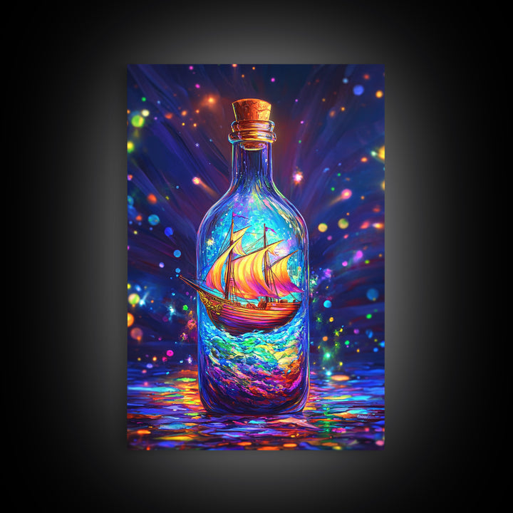 Glowing Ship In A Bottle Framed Canvas Print, Nautical Wall Art, Fantasy Ocean Decor, Coastal Gift For Him Or Her, Statement Artwork