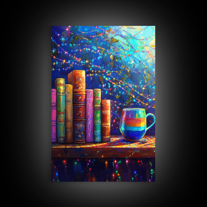 Cozy Books And Rainbow Mug Wall Art, Bookish Library Canvas Print, Reading Nook Decor, Gift For Book Lover, Cozy Home Decor