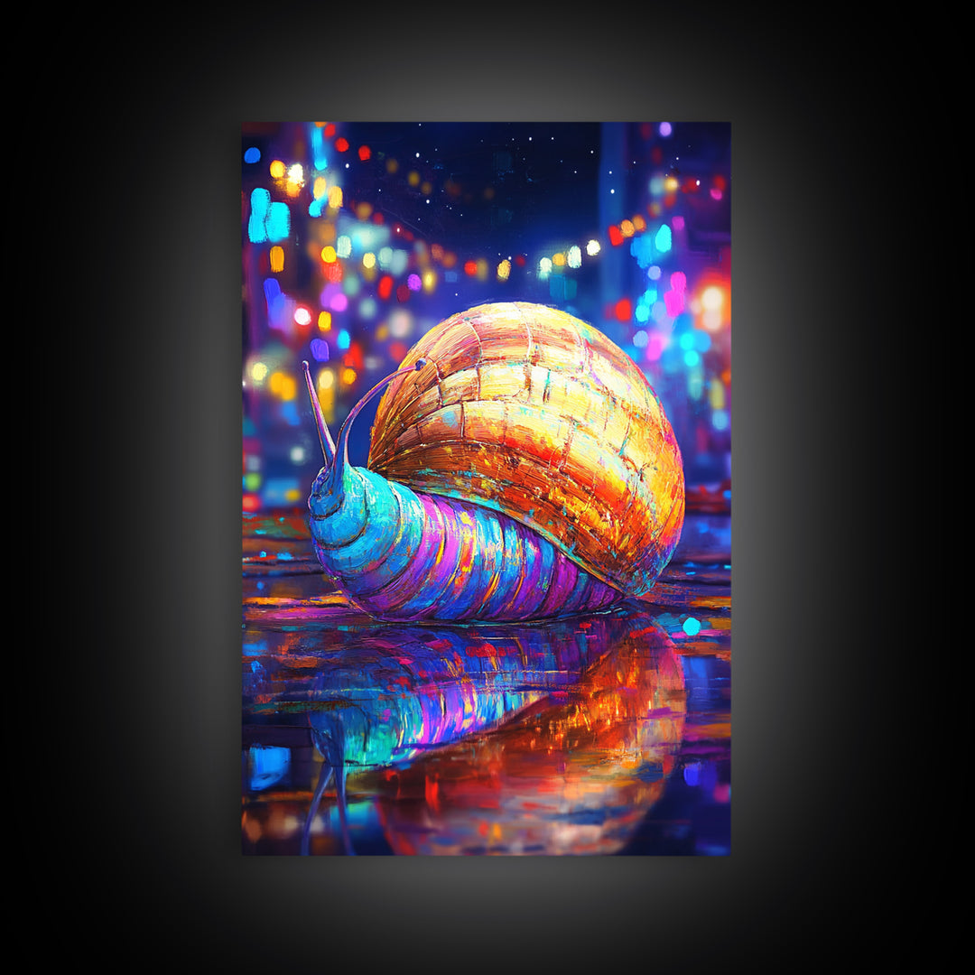 Neon Snail On Rainy Street Wall Art, Whimsical Animal Canvas Print, Cyberpunk City Decor, Funny Gift For Animal Lover, Vibrant Wall Decor