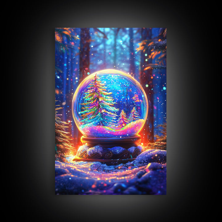 Glowing Winter Forest Snow Globe Framed Canvas Print, Christmas Wall Art, Cozy Holiday Decor, Magical Nature Gift, Living Room Decor