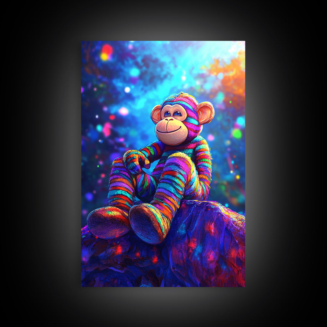 Rainbow Sock Monkey On Rock Wall Art, Whimsical Animal Canvas Print, Cute Nursery Decor, Kids Room Decor, Playroom Wall Decor