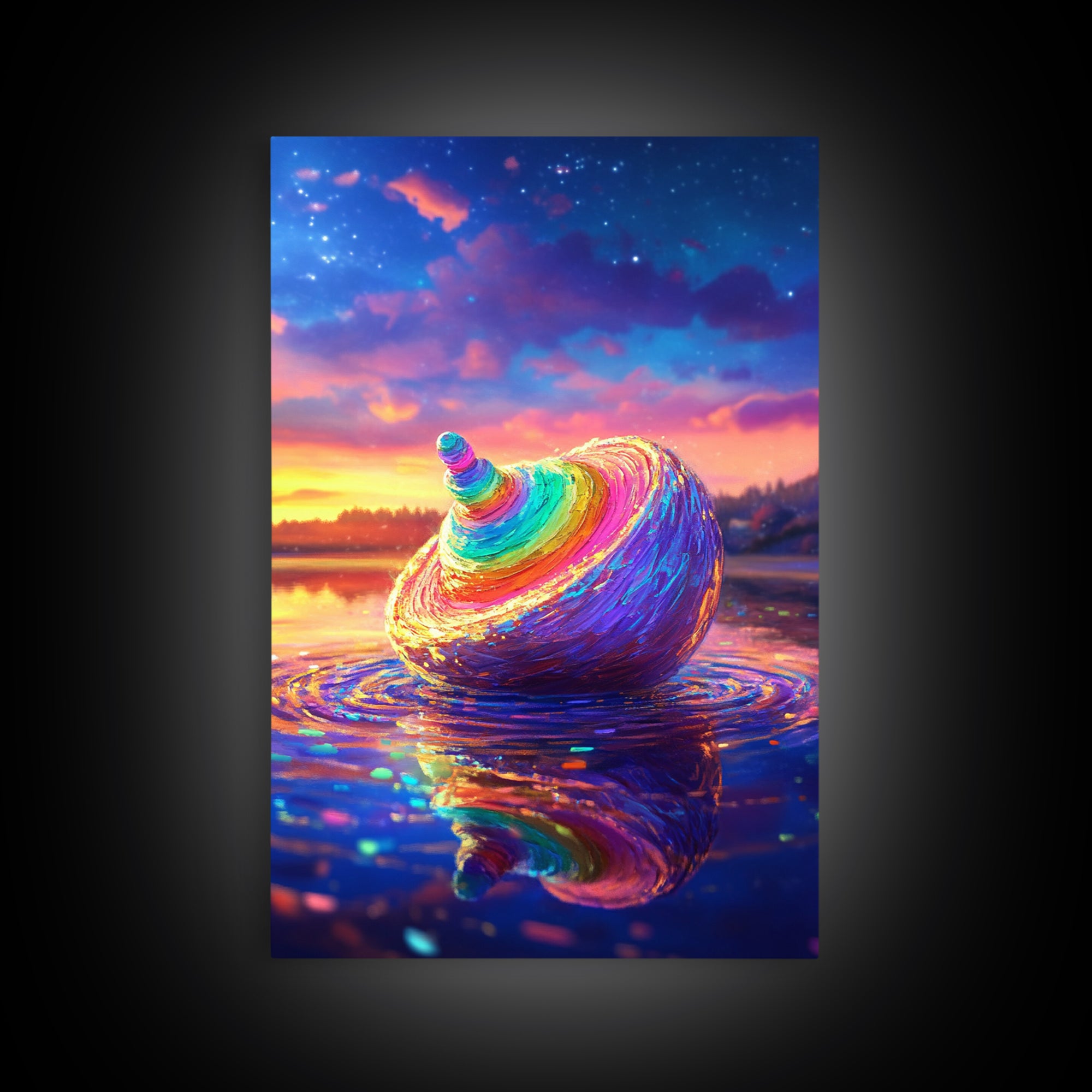 Rainbow Seashell At Sunset On Reflective Water Canvas Print, Coastal Wall Art, Beach House Decor, Ocean Art, Gift For Her