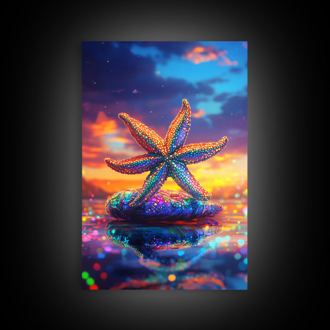 Beaded Rainbow Starfish On Shell At Sunset Canvas Print, Coastal Wall Art, Ocean Decor, Beach House Art, Gift For Her, Summer Decor