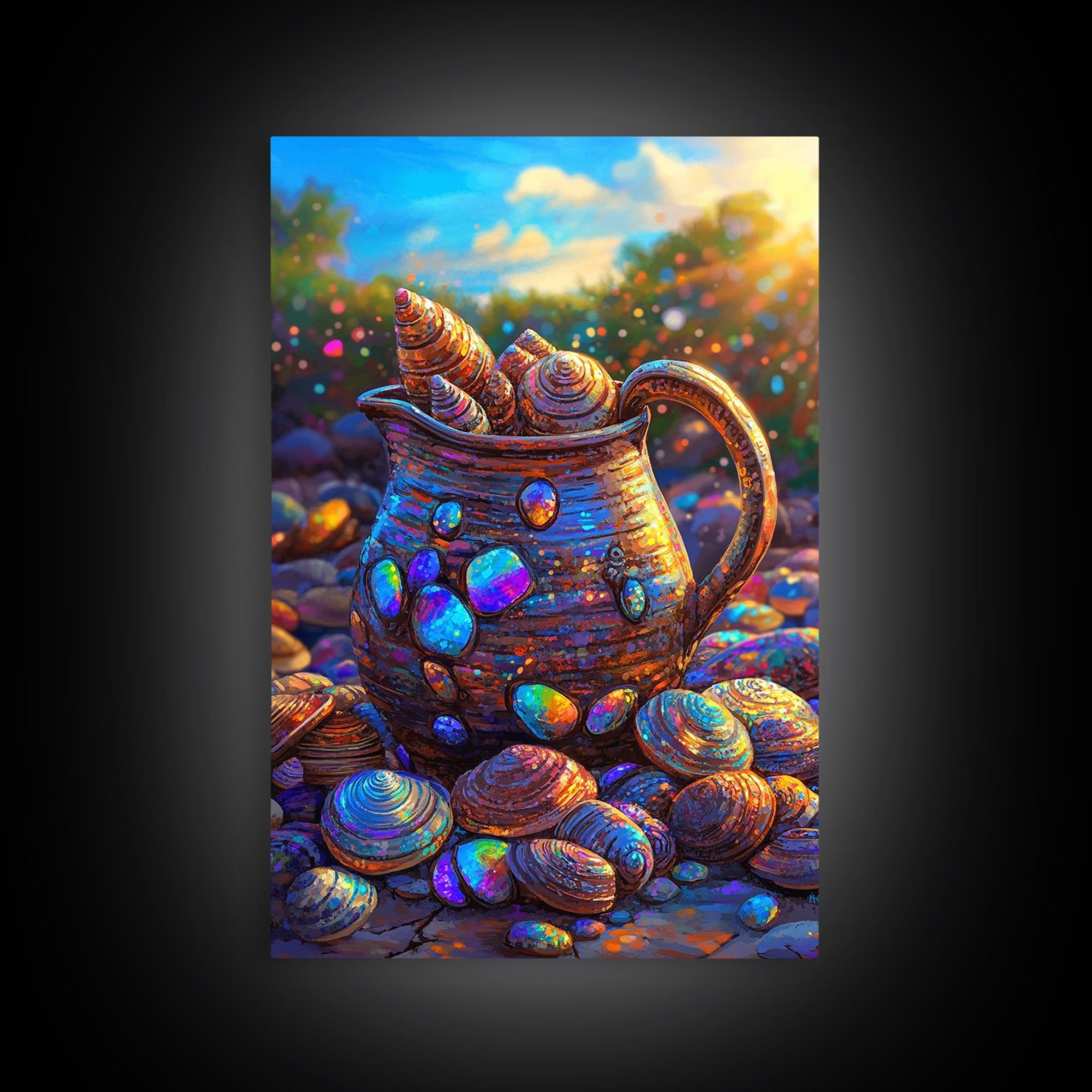 Iridescent Seashell Pitcher On Pebble Shore Wall Art, Coastal Canvas Print, Beach House Decor, Nautical Art For Living Room