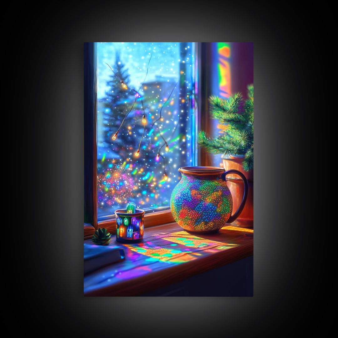 Cozy Winter Window Mug With Twinkle Lights Canvas Print, Christmas Wall Art, Colorful Home Decor, Holiday Kitchen Art Print
