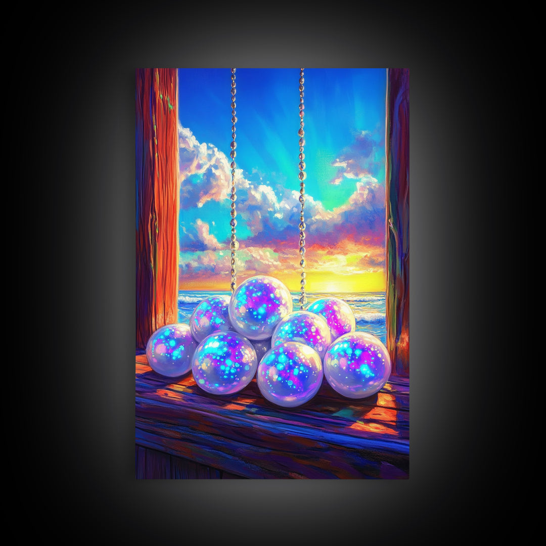 Glowing Pearl Swing At Ocean Sunset Wall Art, Coastal Canvas Print, Whimsical Beach Decor, Dreamy Seascape Art Print For Bedroom Decor