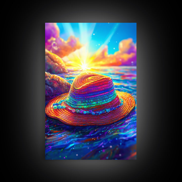 Vibrant Straw Hat Floating On Ocean Sunset Canvas Print, Tropical Beach Wall Art, Coastal Decor, Summer Vacation Gift For Her