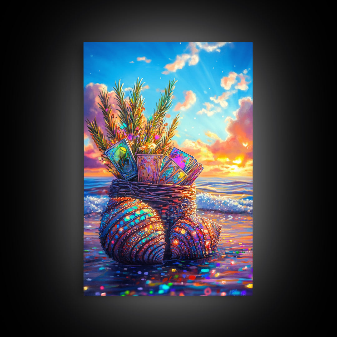Seashell Basket With Tarot Cards At Sunset Framed Canvas Print, Coastal Wall Art, Beach House Decor, Boho Gift For Her Art