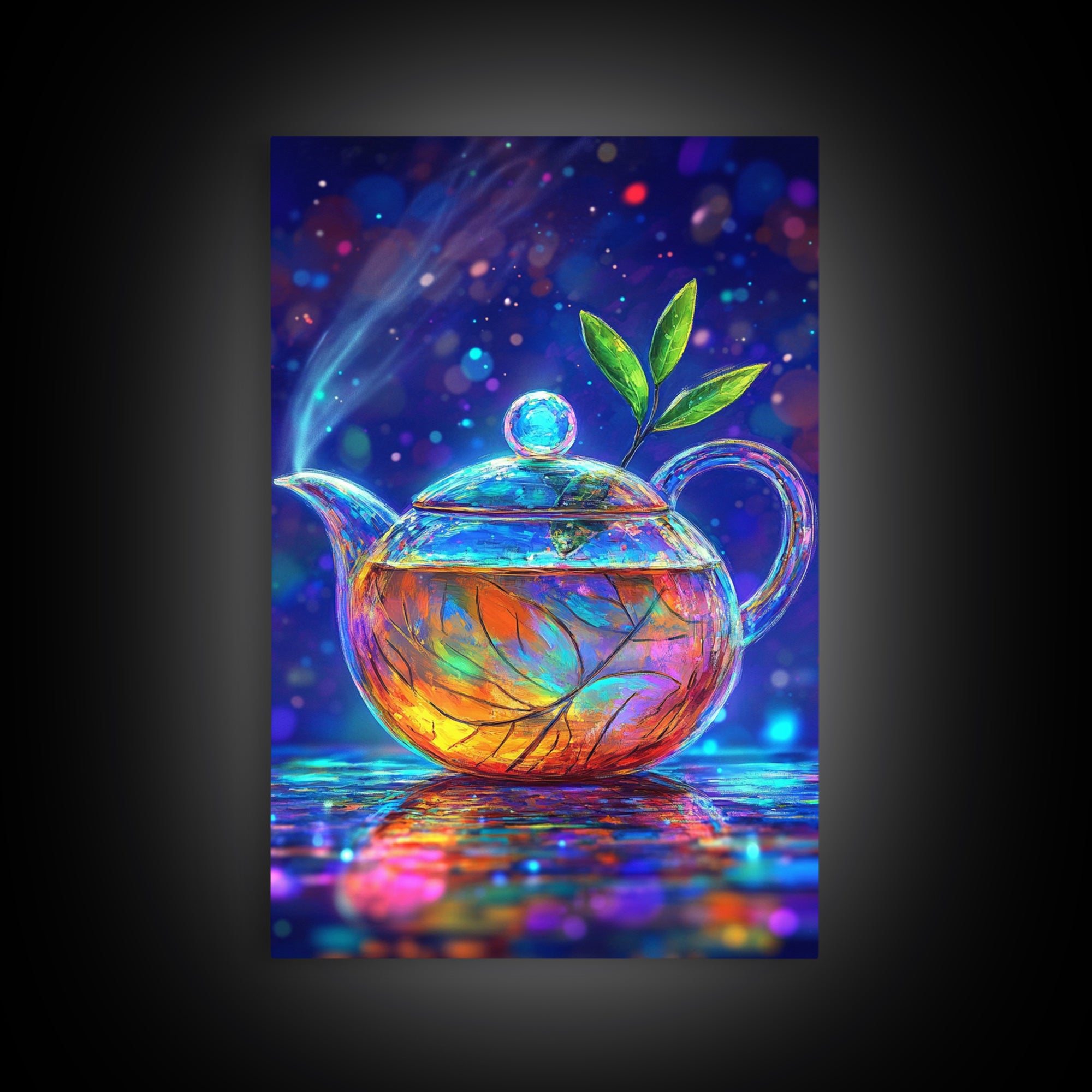 Glowing Glass Teapot With Green Leaves Canvas Print, Whimsical Kitchen Wall Art, Colorful Tea Lover Gift, Home Decor Art