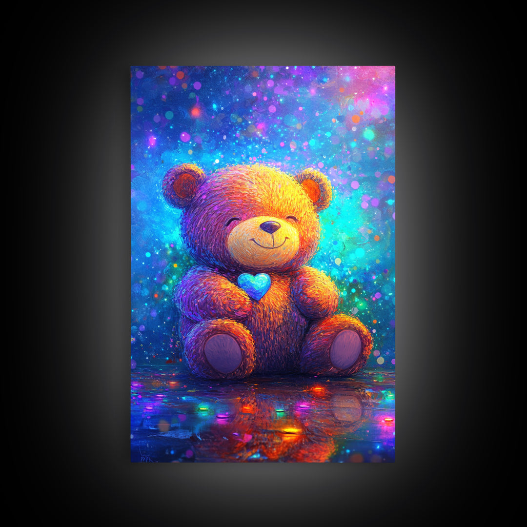 Smiling Teddy Bear With Blue Heart Wall Art, Colorful Nursery Decor, Cute Animal Art, Kids Room Canvas Print, Baby Gift Art