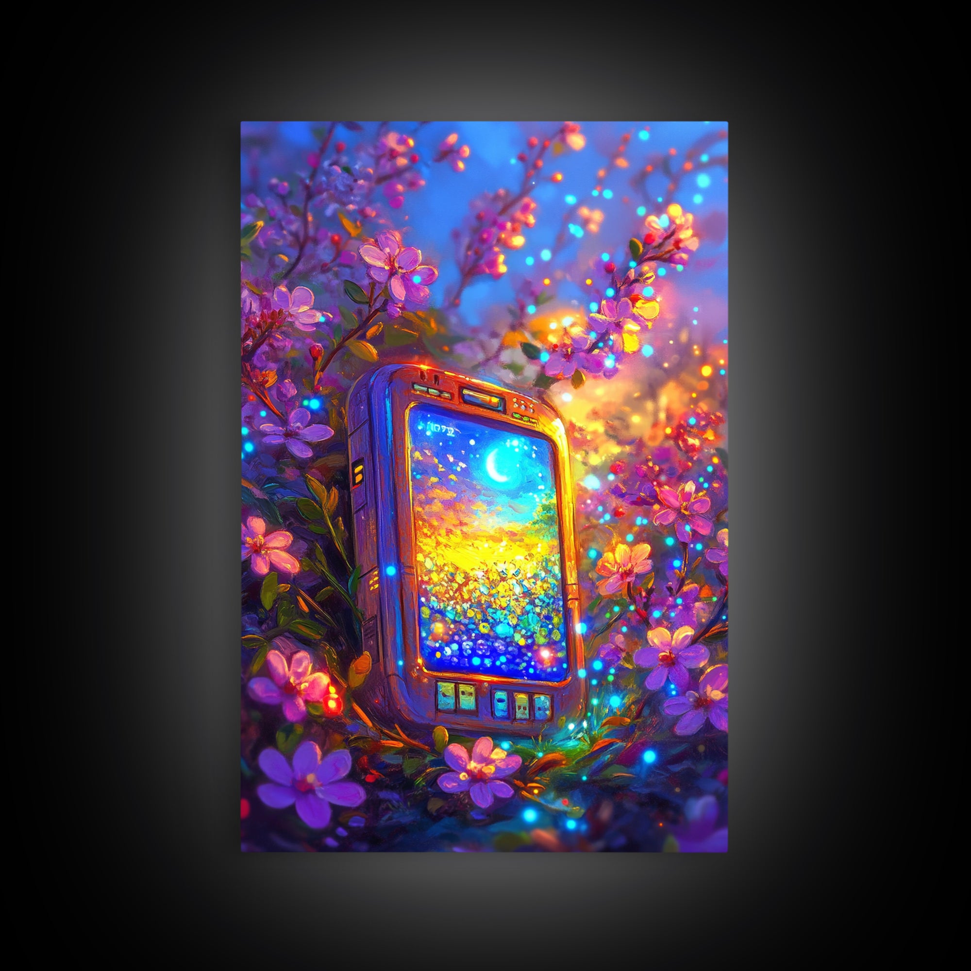 Glowing Phone Among Cherry Blossoms And Moon Wall Art, Celestial Floral Fantasy Canvas Print, Whimsical Nursery Decor Gift