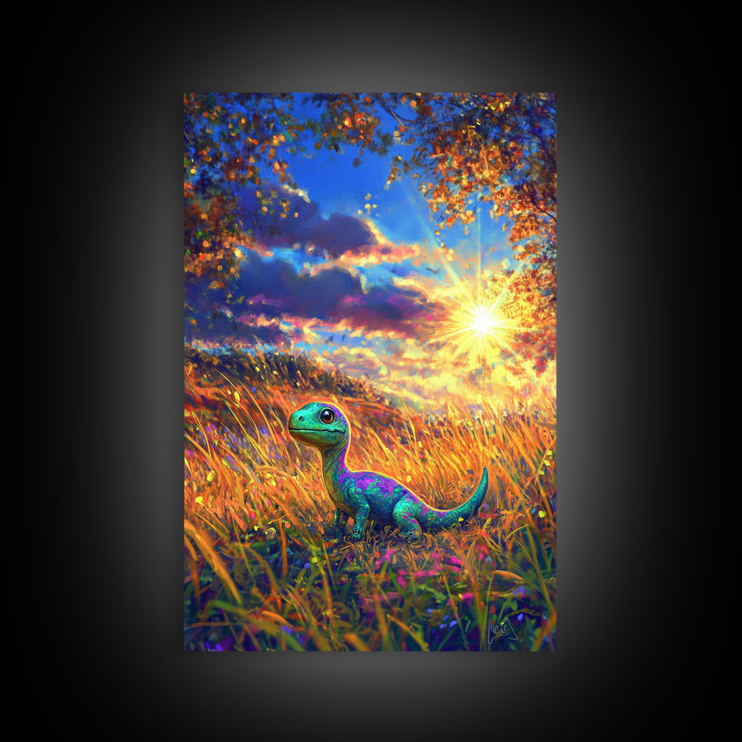Cute Baby Dinosaur In Golden Meadow Wall Art, Colorful Safari Nursery Canvas Print, Whimsical Kids Room Decor, Unique Gift
