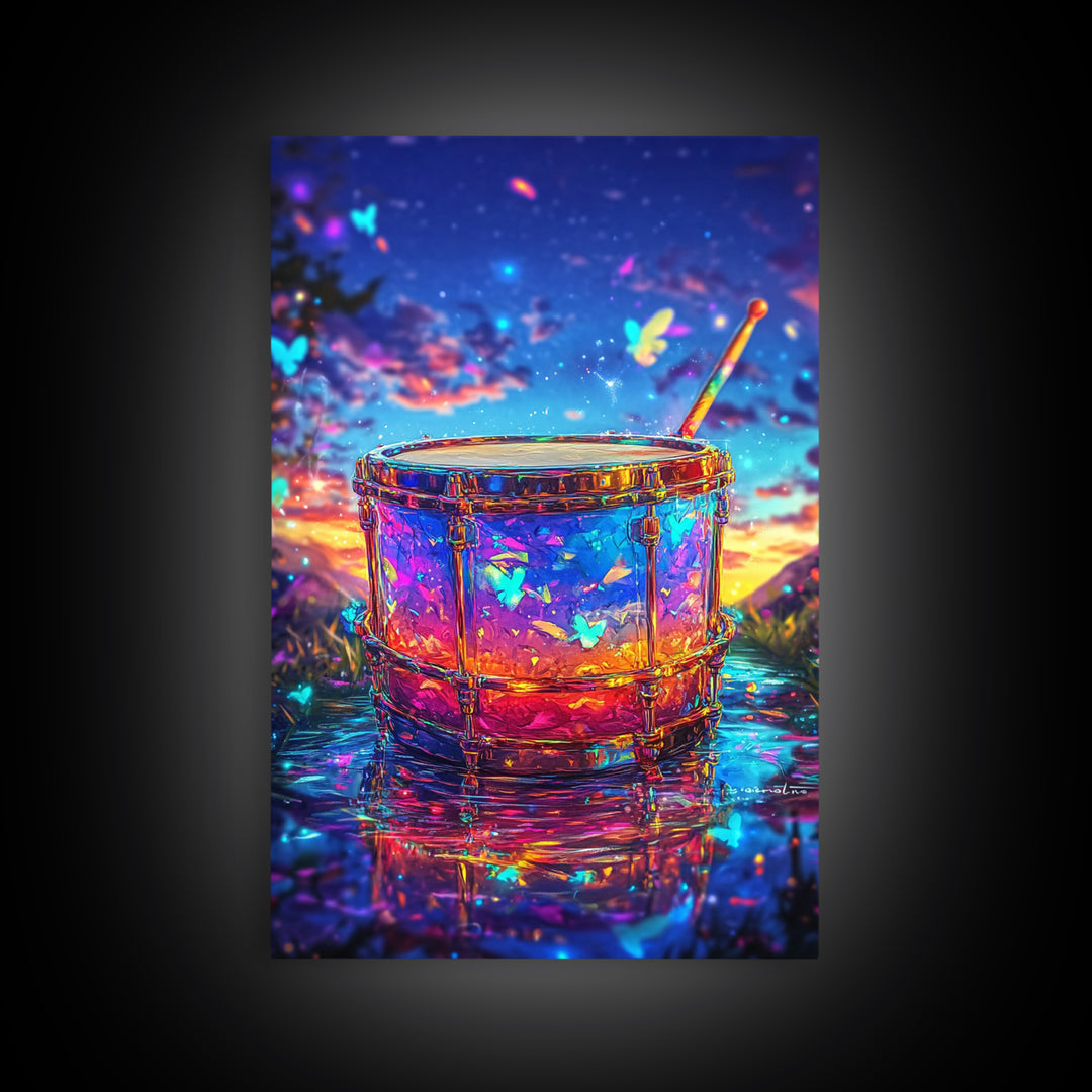 Glowing Drum With Butterflies At Sunset Wall Art, Colorful Music Studio Room Decor, Whimsical Canvas Print, Music Lover Gift