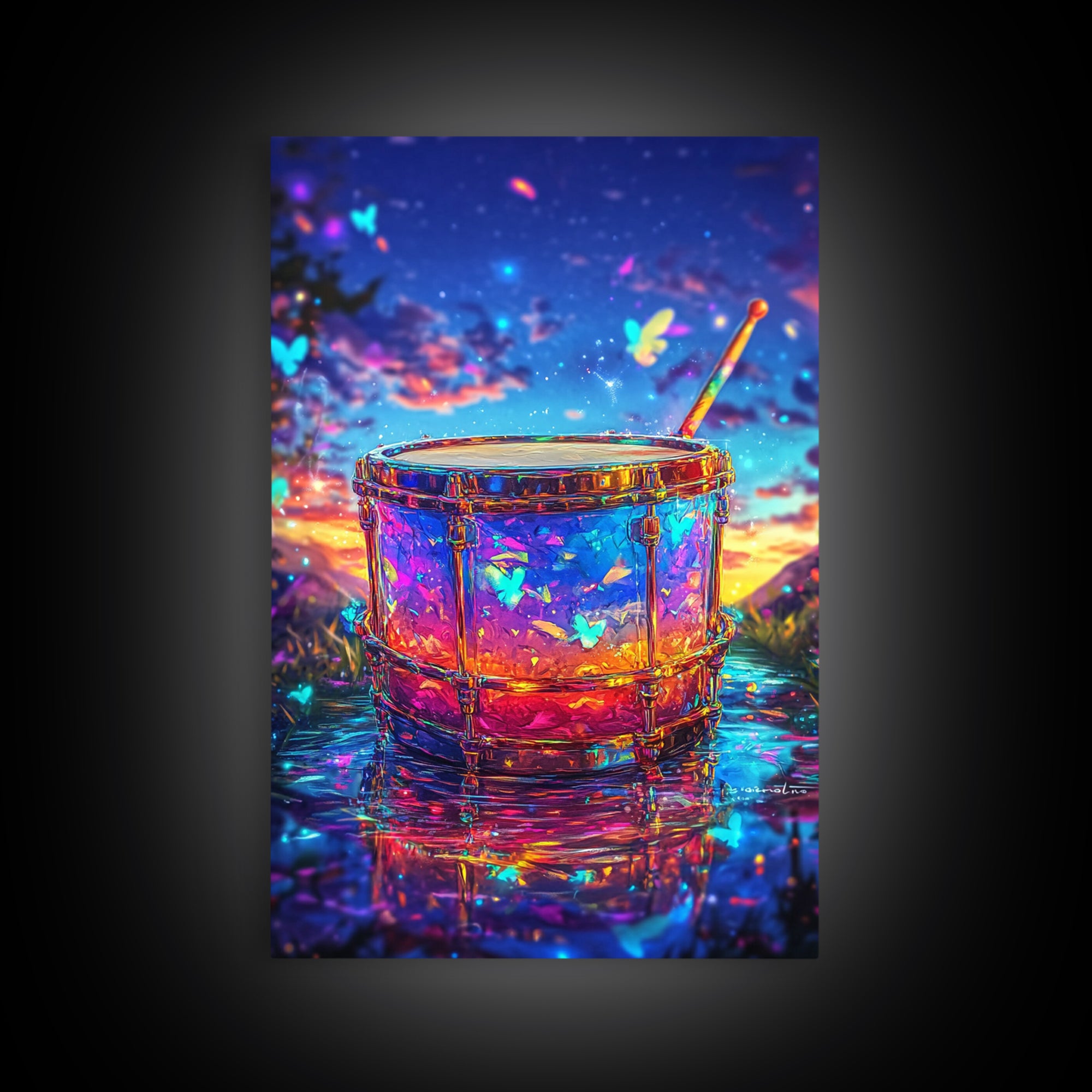 Glowing Drum With Butterflies At Sunset Wall Art, Colorful Music Studio Room Decor, Whimsical Canvas Print, Music Lover Gift