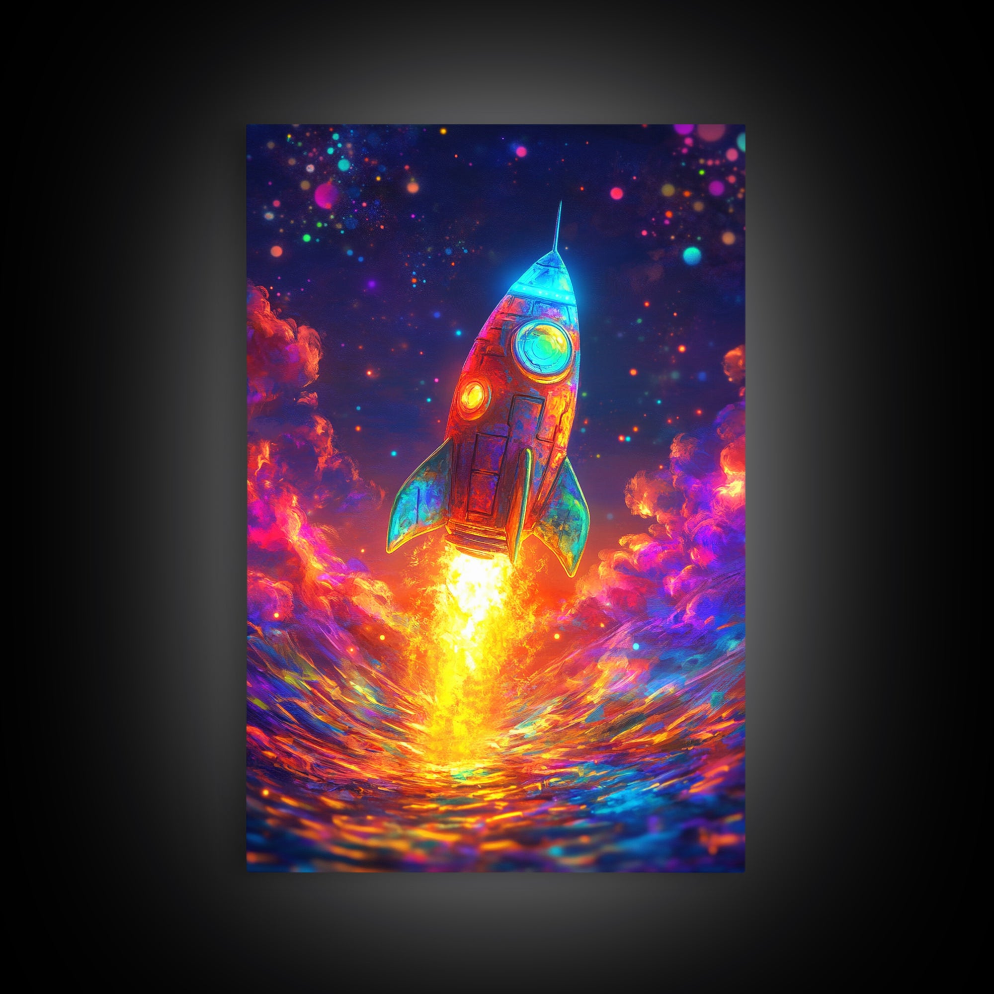 Neon Rocket Launch Over Ocean Wall Art, Colorful Space Decor, Sci Fi Art Print, Futuristic Nursery And Kids Game Room Gift