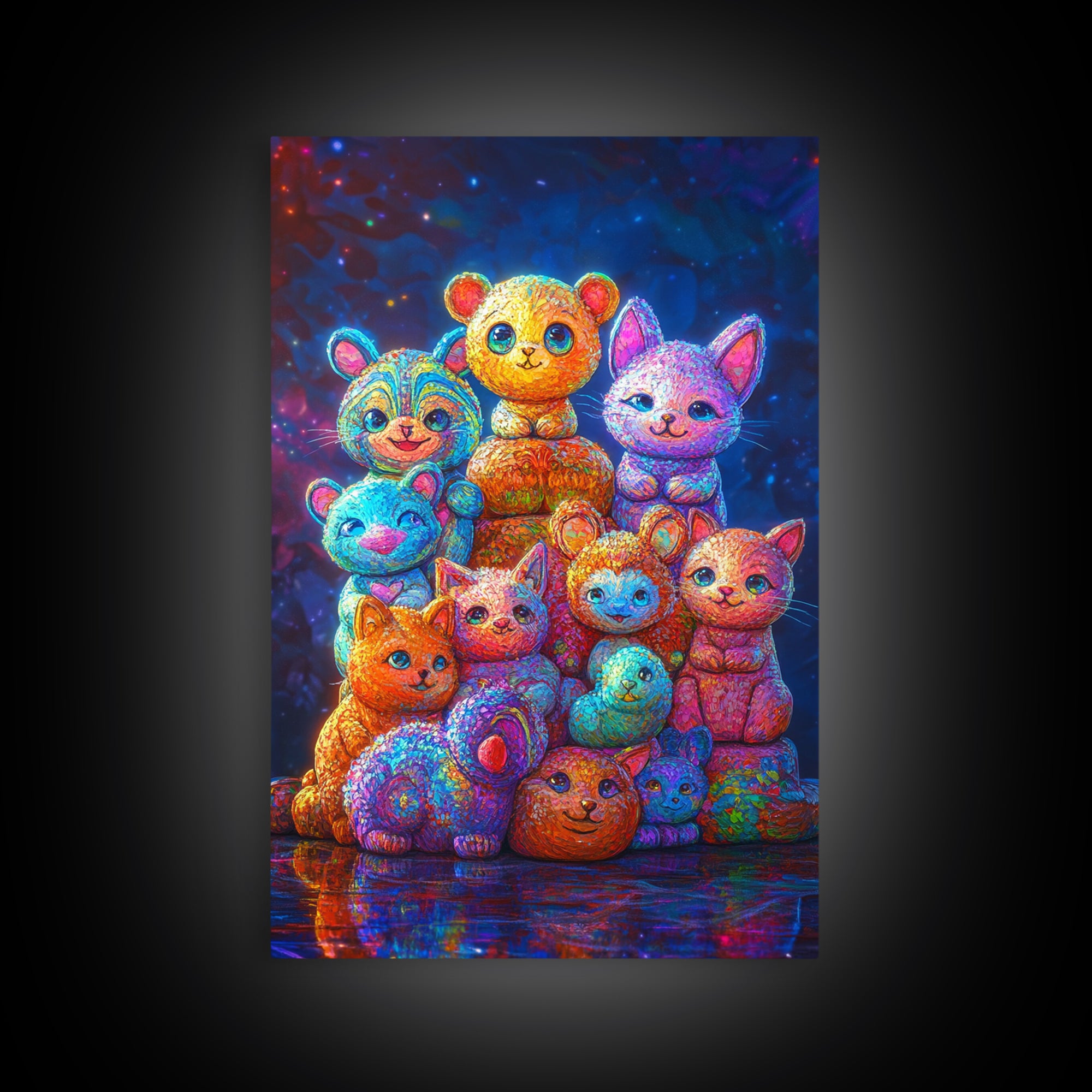 Colorful Plush Animal Friends And Kittens Wall Art, Whimsical Animal Art, Nursery Wall Art, Playroom Decor, Cute Kids Print