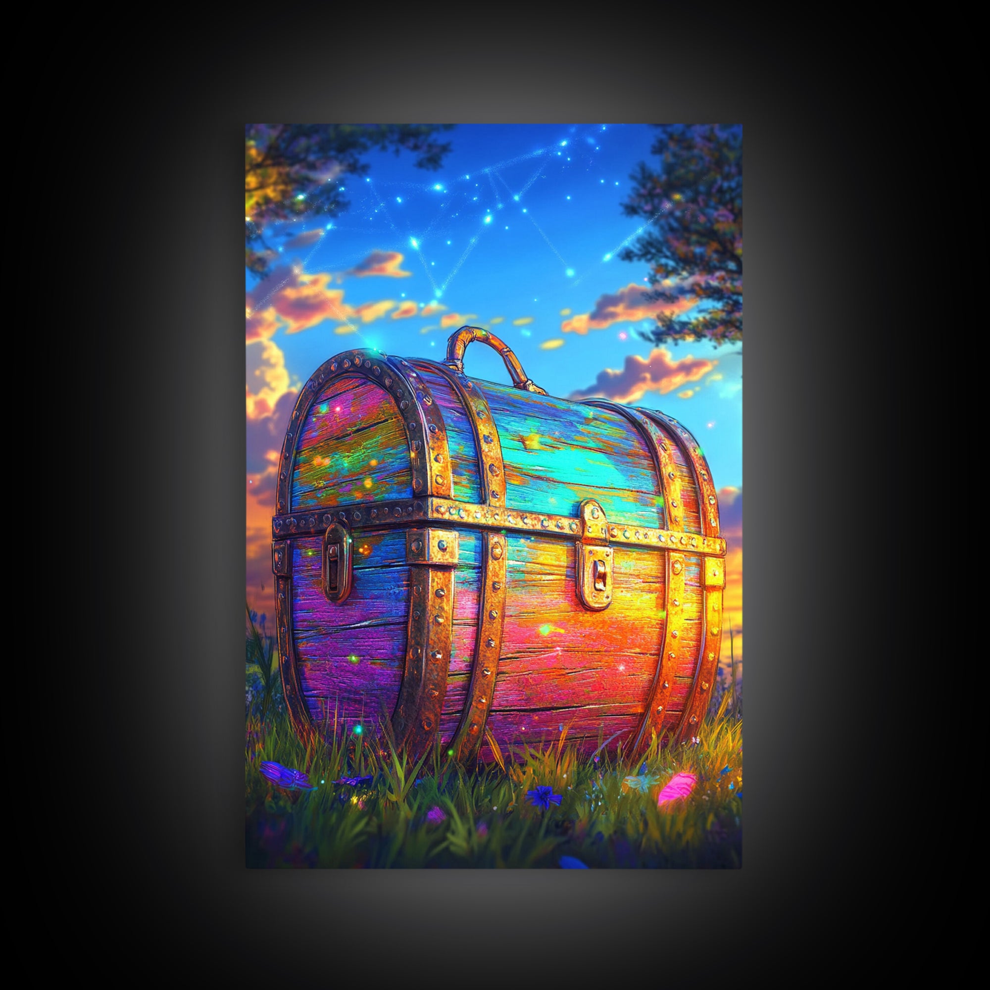 Rainbow Treasure Chest In Meadow At Sunset Framed Canvas Print, Fantasy Wall Art, Whimsical Decor, Celestial Kids Room Art