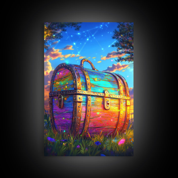 Rainbow Treasure Chest In Meadow At Sunset Framed Canvas Print, Fantasy Wall Art, Whimsical Decor, Celestial Kids Room Art