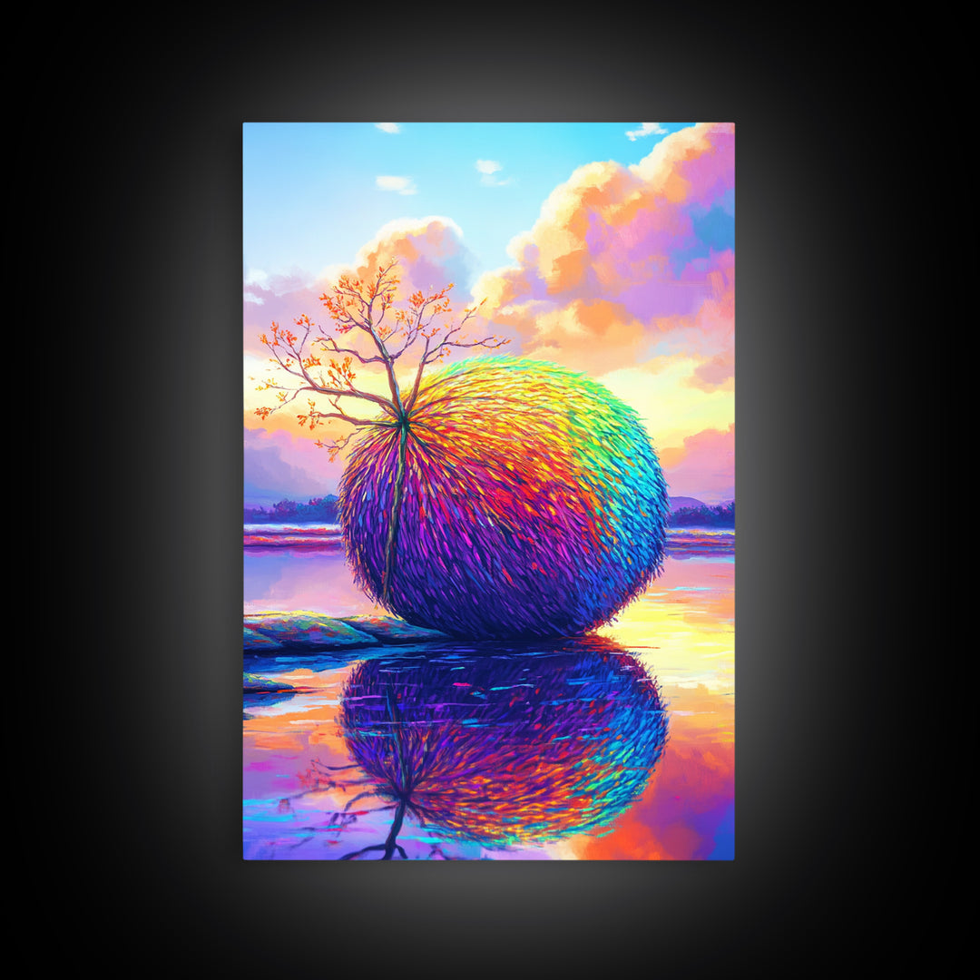 Rainbow Sphere Tree Beside Reflective Lake Wall Art, Surreal Landscape Art, Colorful Nature Decor, Modern Canvas Wall Art