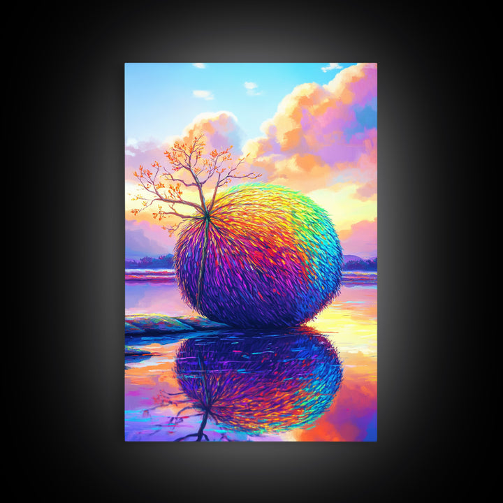 Rainbow Sphere Tree Beside Reflective Lake Wall Art, Surreal Landscape Art, Colorful Nature Decor, Modern Canvas Wall Art
