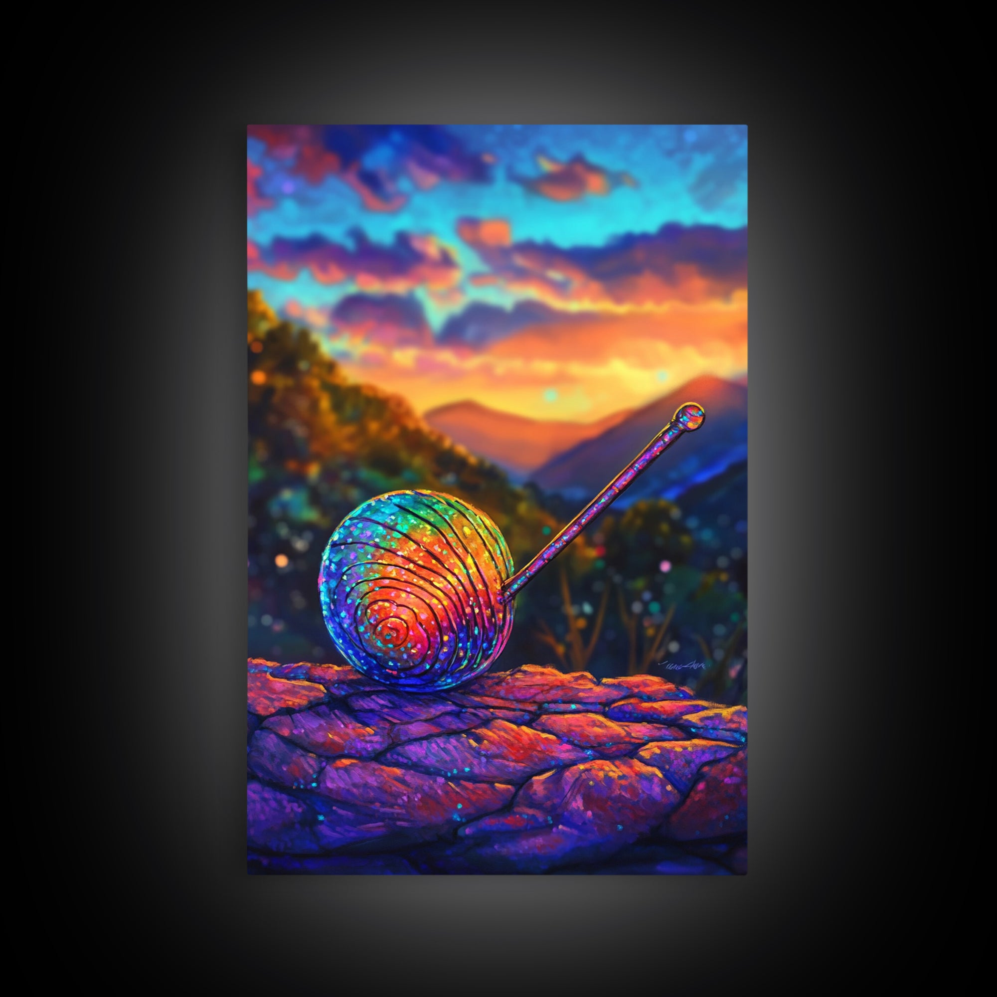 Rainbow Snail On Mountain Stone Canvas Print, Whimsical Animal Art, Colorful Nature Decor, Fantasy Living Room Wall Art Gift