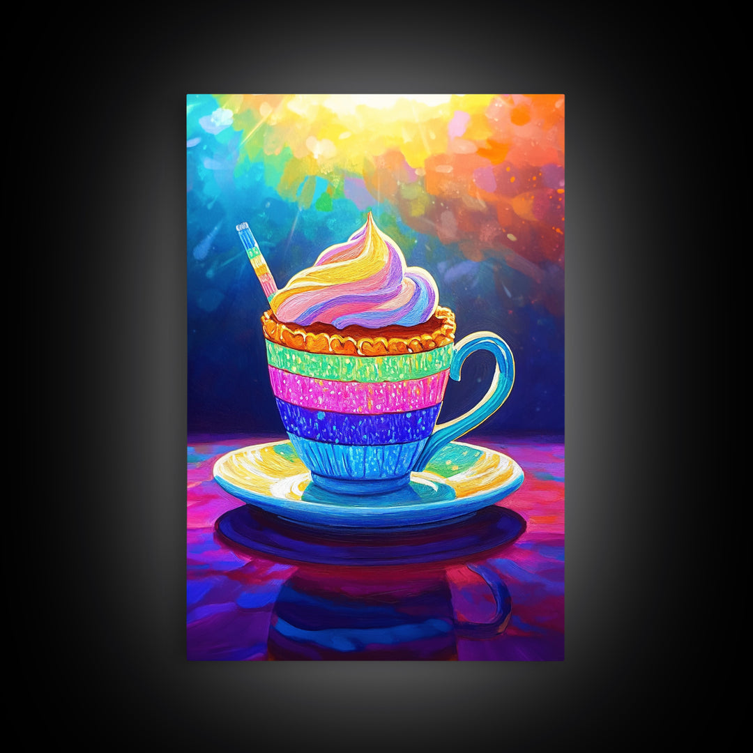 Rainbow Cupcake In Teacup Kitchen Wall Art, Whimsical Dessert Art Print, Colorful Bakery Decor, Cute Cafe Canvas Print Gift
