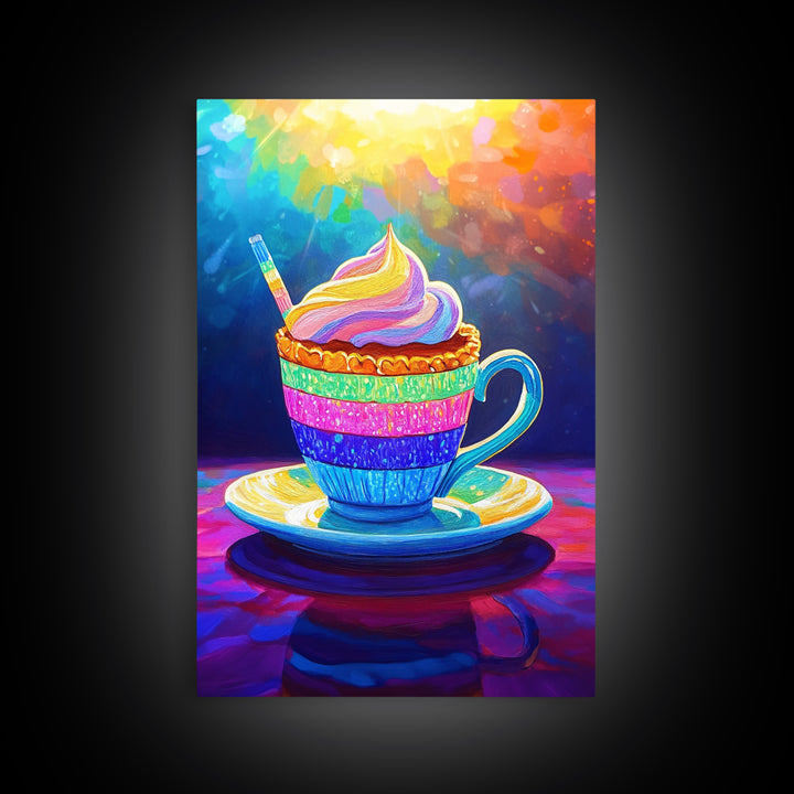Rainbow Cupcake In Teacup Kitchen Wall Art, Whimsical Dessert Art Print, Colorful Bakery Decor, Cute Cafe Canvas Print Gift