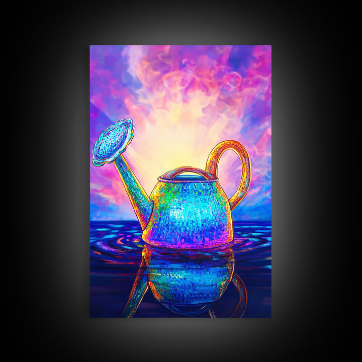 Radiant Watering Can At Sunrise Wall Art, Colorful Garden Decor, Whimsical Botanical Art Print, Vibrant Canvas Print Gift