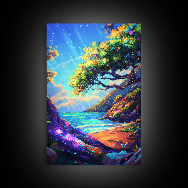 Sunlit Coastal Cove And Tree Wall Art, Vibrant Ocean Landscape Art Print, Tropical Beach House Decor, Large Canvas Print