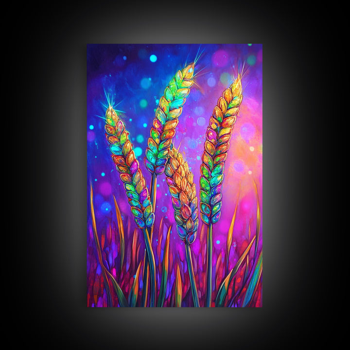 Colorful Wheat Stalks In Light Wall Art, Rustic Farmhouse Decor, Botanical Nature Art Print, Vibrant Kitchen Canvas Print