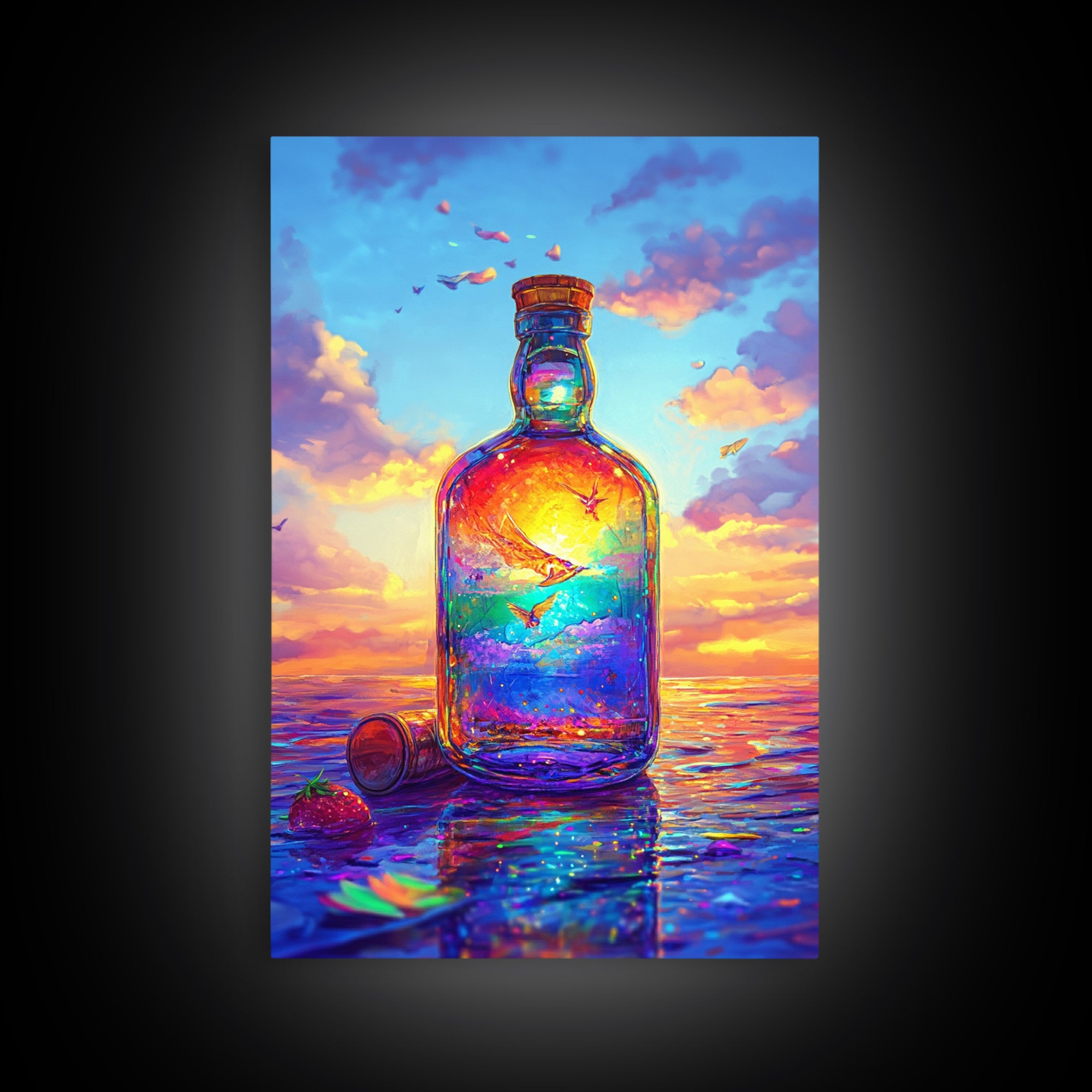 Sunset Ocean In Glass Bottle Wall Art, Surreal Seascape Art Print, Coastal Beach House Decor, Whimsical Canvas Print Gift