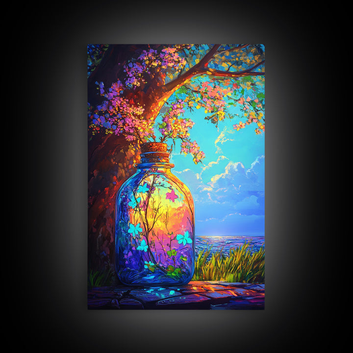 Glowing Jar Under Flowering Tree Wall Art, Whimsical Botanical Landscape, Coastal Nature Decor, Vibrant Canvas Print Gift