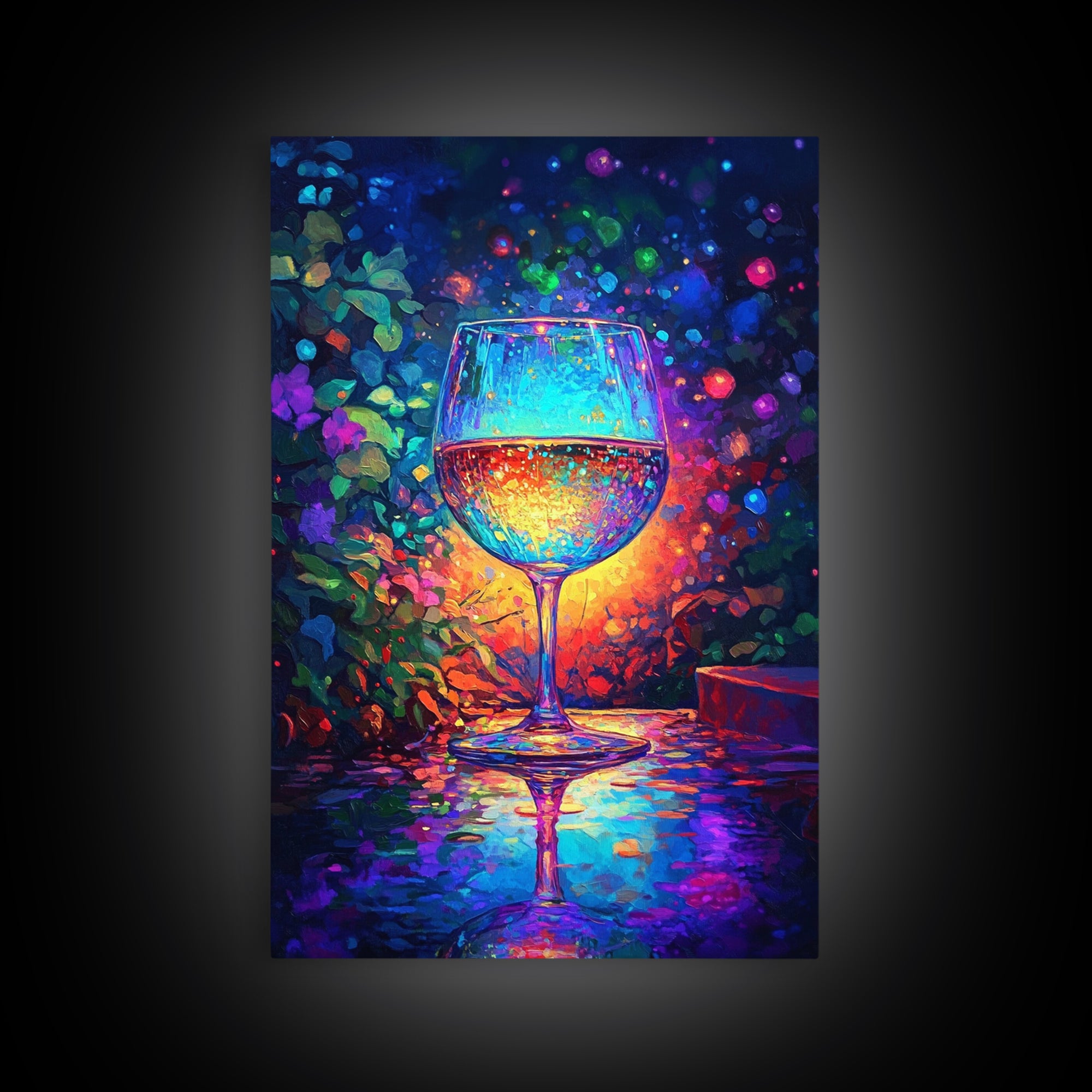 Glowing Wine Glass On Dark Table Canvas Print, Colorful Bar Wall Art, Kitchen Decor, Wine Lover Gift, Dining Room Art Print