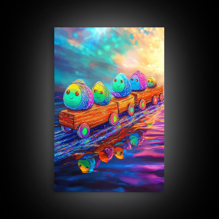Smiling Rainbow Egg Train Canvas Print, Whimsical Kids Room Wall Art, Colorful Nursery Decor, Cute Playroom Art, Baby Shower Gift