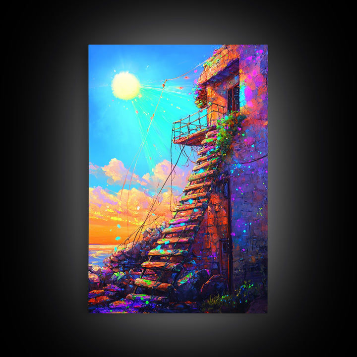 Sunlit Stone Stairway By The Sea Canvas Print, Coastal Wall Art, Mediterranean Landscape, Sunset Travel Home Decor Gift For Her