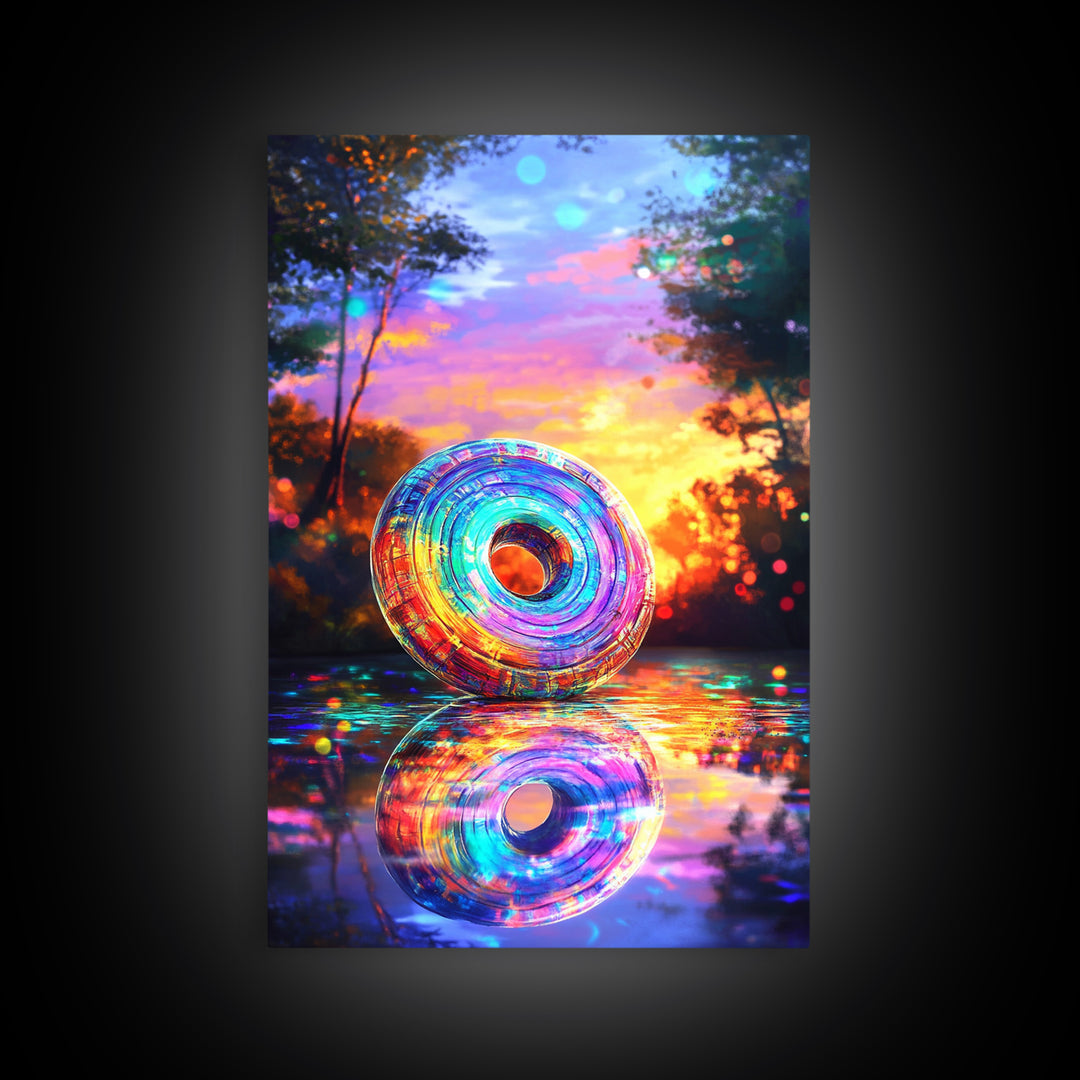 Iridescent Rainbow Ring At Sunset Framed Canvas Print, Colorful Wall Art, Abstract Landscape, Living Room Modern Home Decor Gift