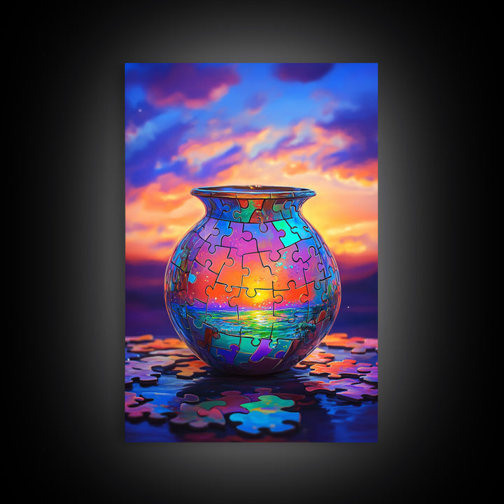Puzzle Piece Vase With Ocean Sunset Canvas Print, Colorful Wall Art, Whimsical Seascape, Living Room Coastal Home Decor Gift