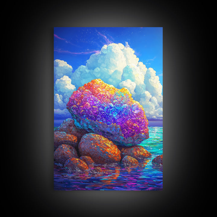 Rainbow Crystal Rocks Beside Blue Sea Canvas Print, Coastal Wall Art, Colorful Nature Art, Ocean Landscape Home Decor Gift