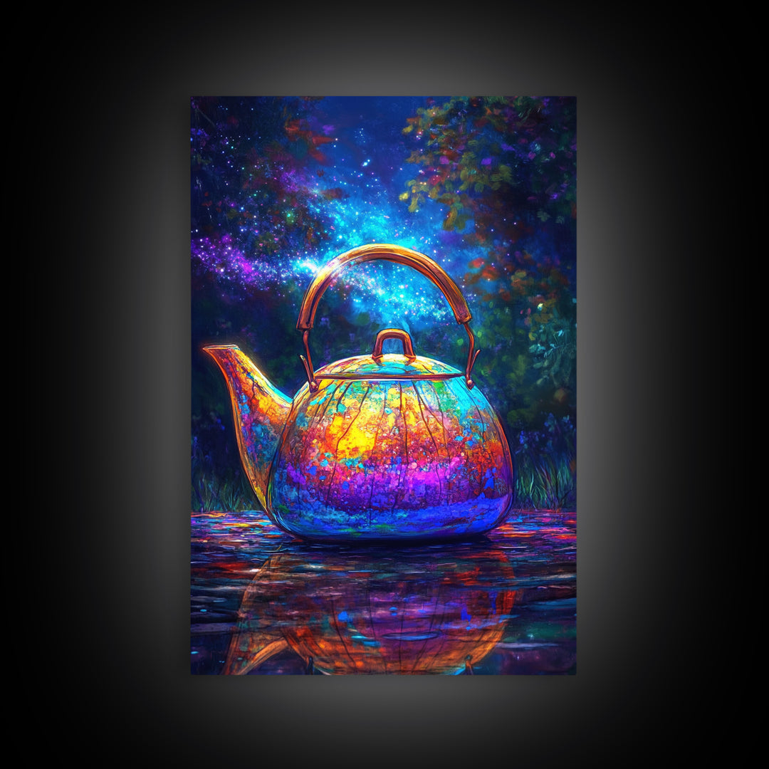Cosmic Rainbow Teapot Under Stars Canvas Print, Whimsical Kitchen Wall Art, Unique Tea Lover Gift, Colorful Home Decor Print