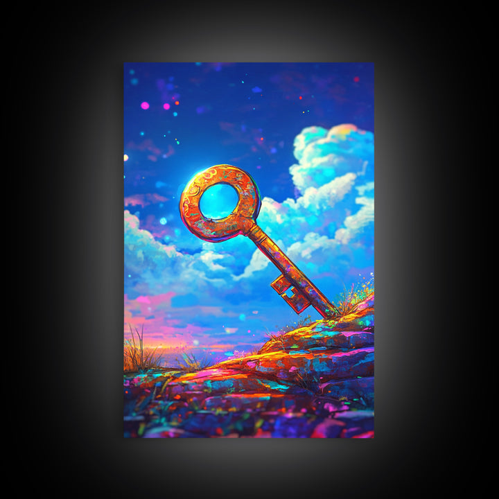 Golden Key On Dreamy Hilltop Canvas Print, Whimsical Wall Art, Fantasy Decor, Celestial Art, Unique Gift, Kids Room Decor