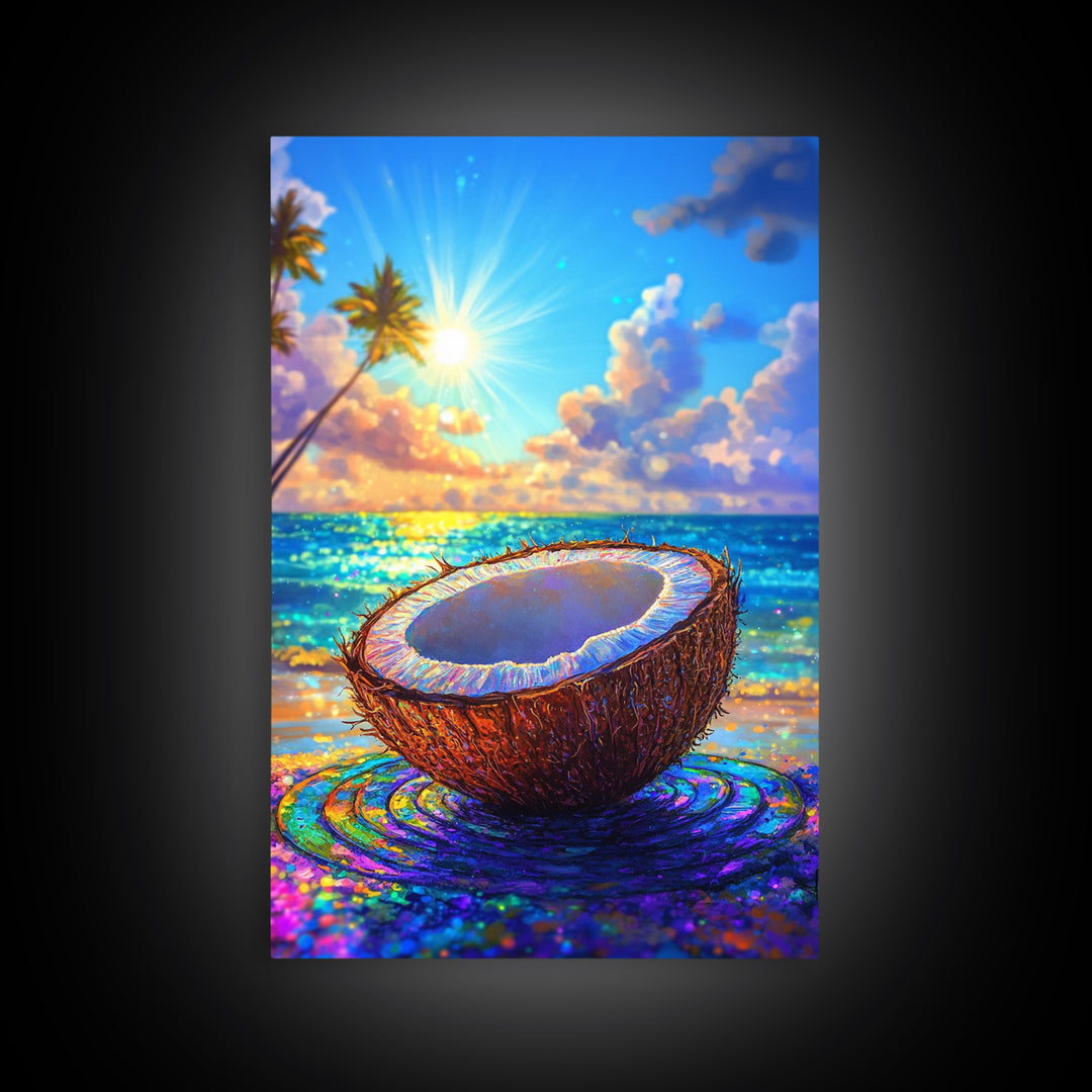 Sunlit Coconut On Tropical Beach Canvas Print, Coastal Wall Art, Beach House Decor, Summer Kitchen Art, Ocean Lover Gift