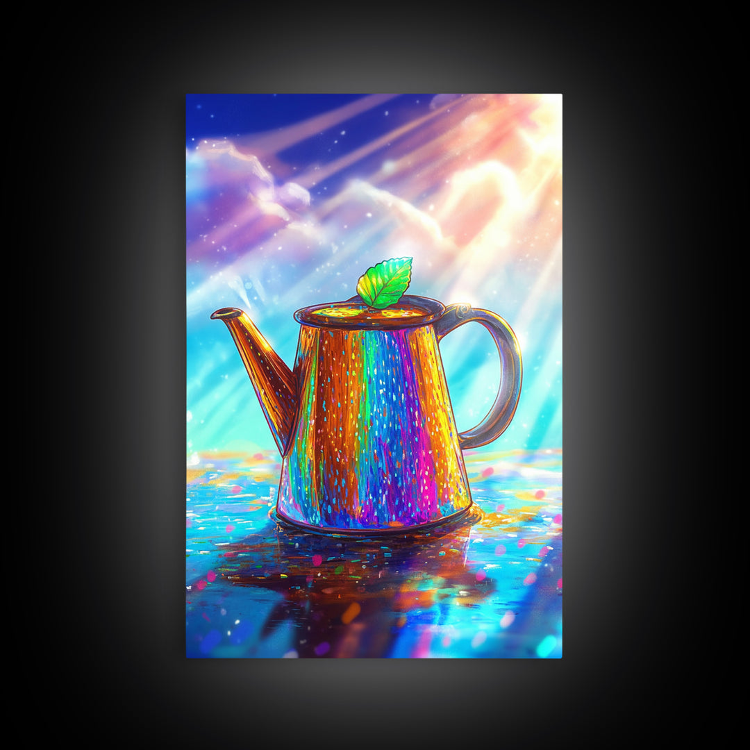 Radiant Rainbow Teapot With Leaf Canvas Print, Colorful Kitchen Wall Art, Tea Lover Gift, Whimsical Home Decor Poster Print