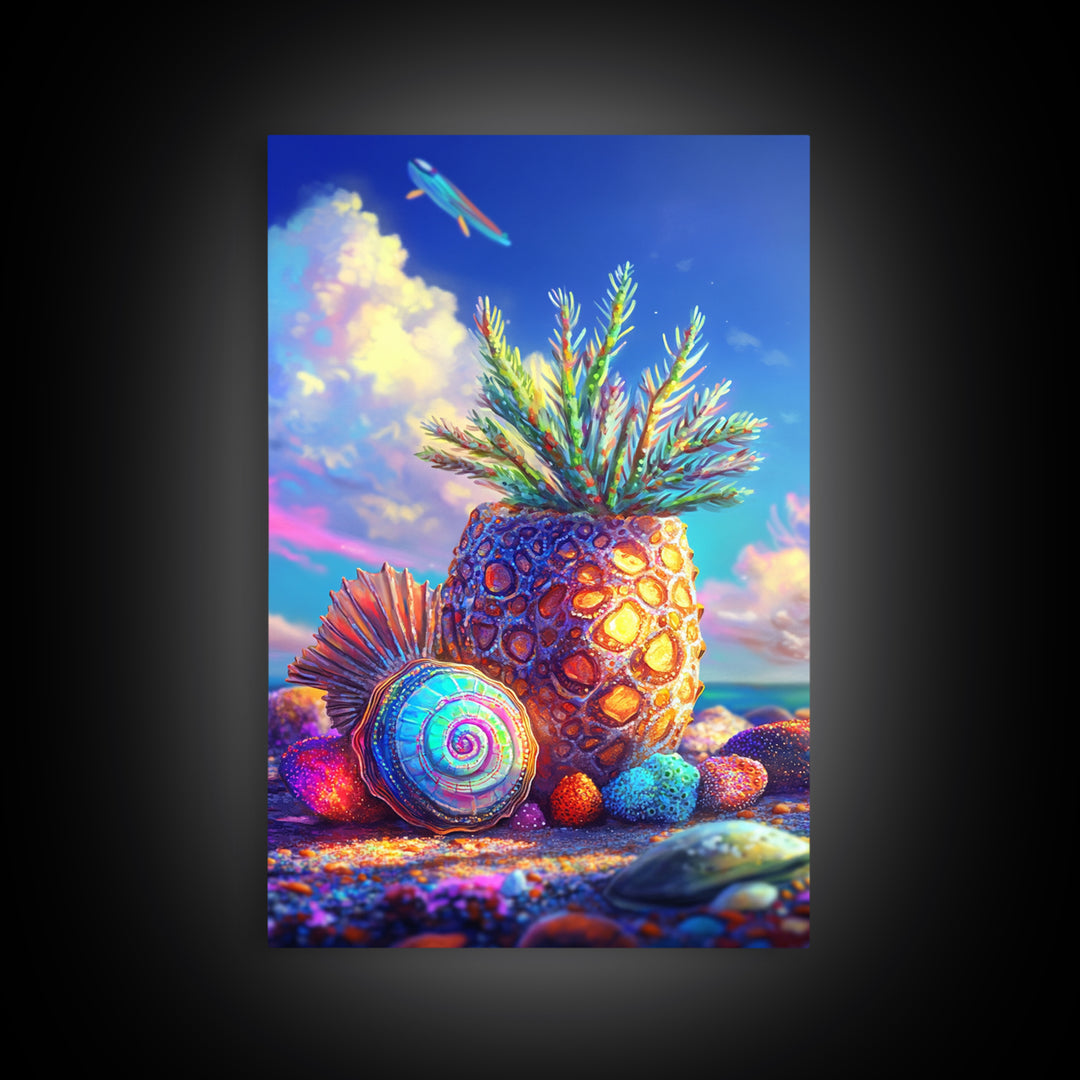 Surreal Pineapple And Seashell Canvas Print, Tropical Beach Wall Art, Colorful Coastal Decor, Whimsical Kitchen Art Print