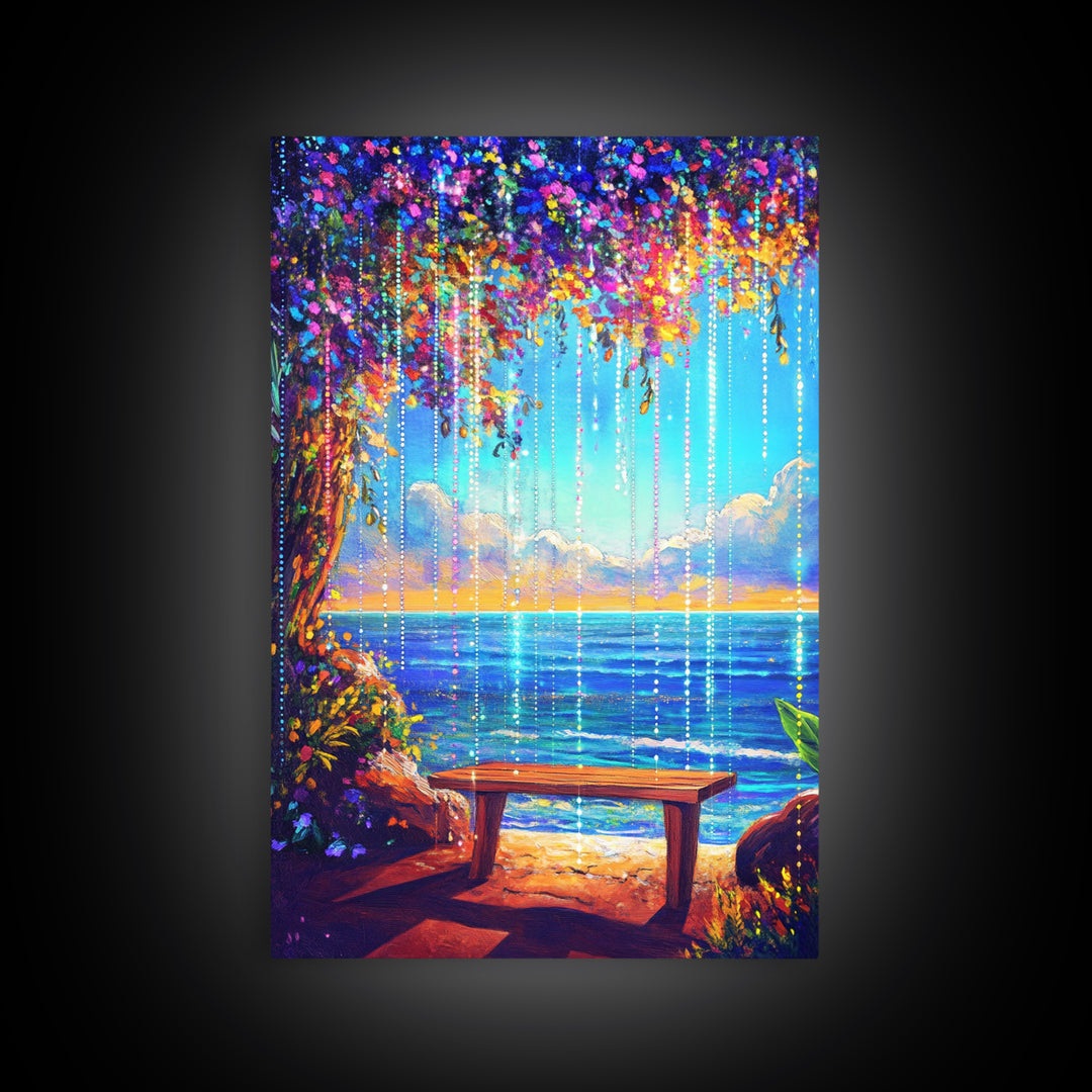 Flower Canopy Ocean Bench Framed Canvas Print, Coastal Wall Art, Tropical Beach House Decor, Romantic Seaside Artwork For Living Room