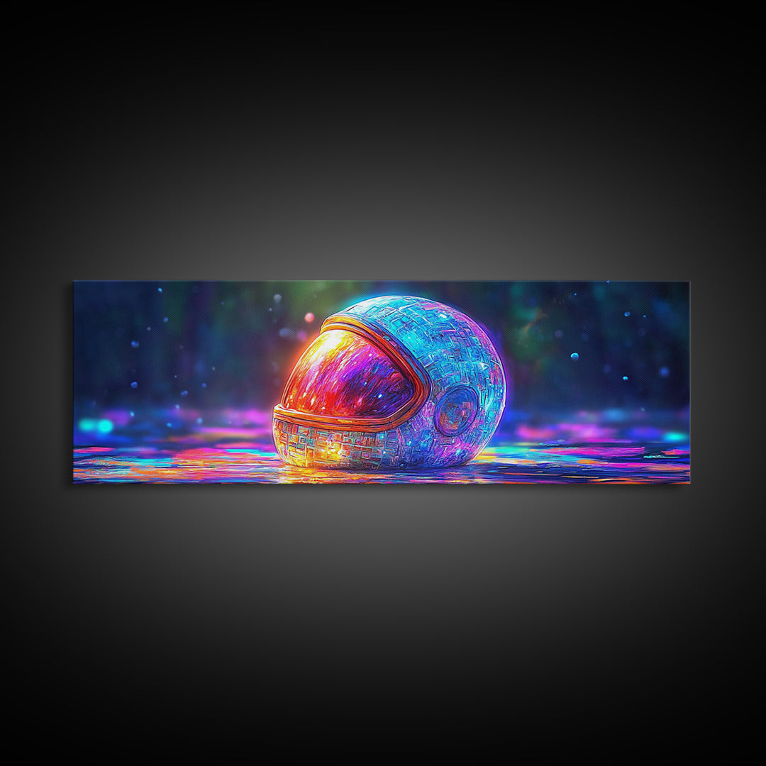 Neon Astronaut Helmet On Cosmic Rain Canvas Print, Futuristic Space Wall Art, Sci Fi Decor, Gamer Room Decor, Gift For Him