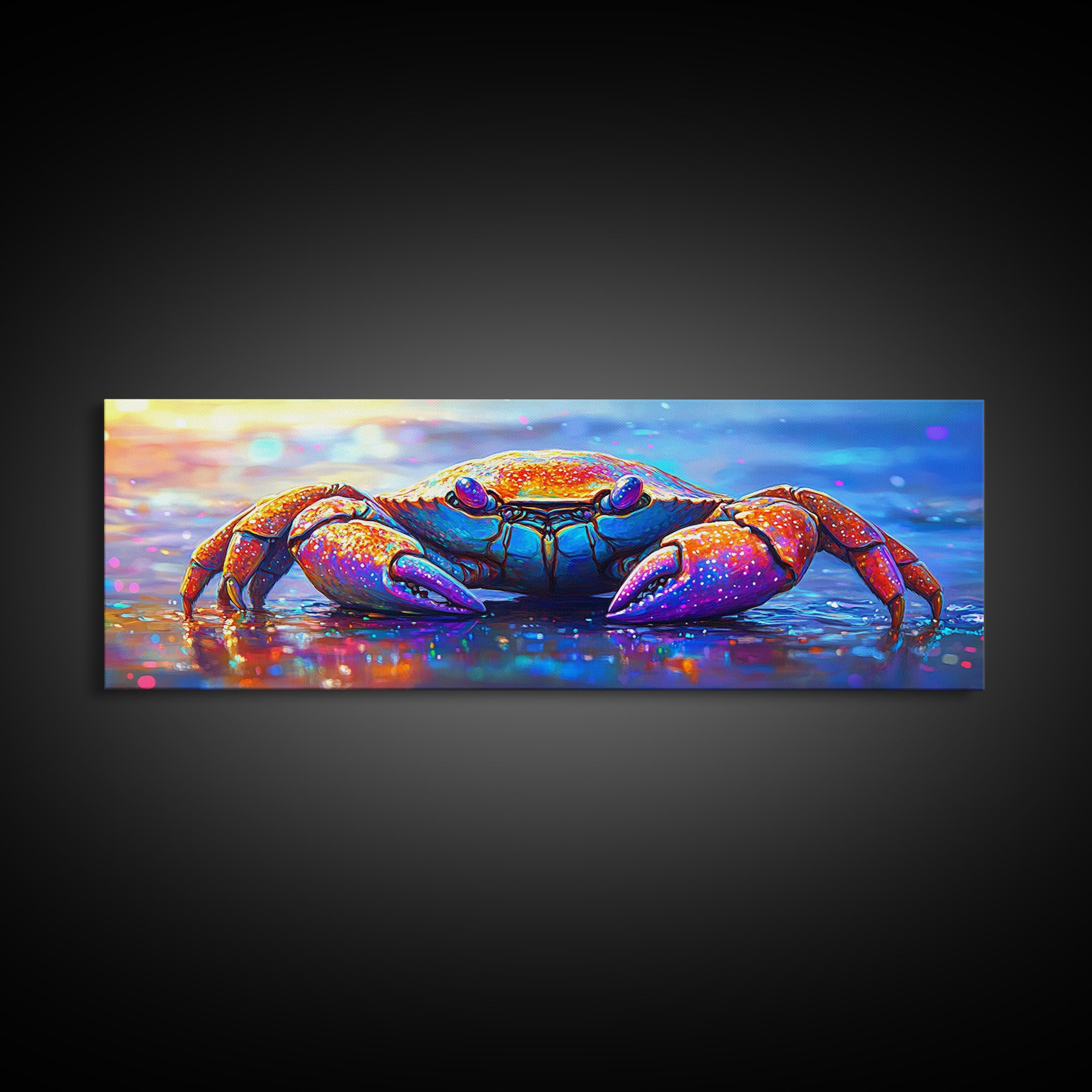 Vibrant Rainbow Crab On Wet Beach Wall Art, Coastal Ocean Animal Art, Colorful Beach House Decor, Nautical Canvas Print Art