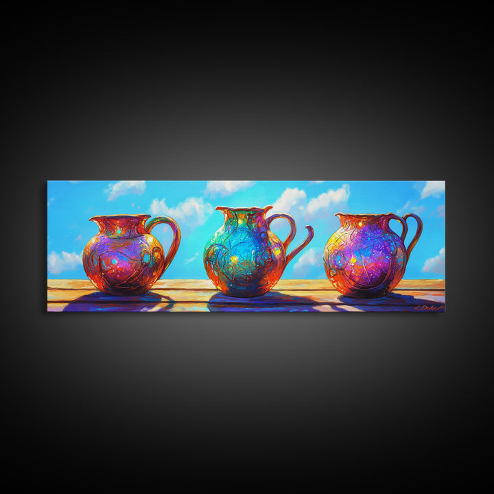 Three Colorful Ceramic Pitchers In Sunlit Courtyard Wall Art, Rustic Kitchen Decor, Mediterranean Canvas Print, Dining Room Art
