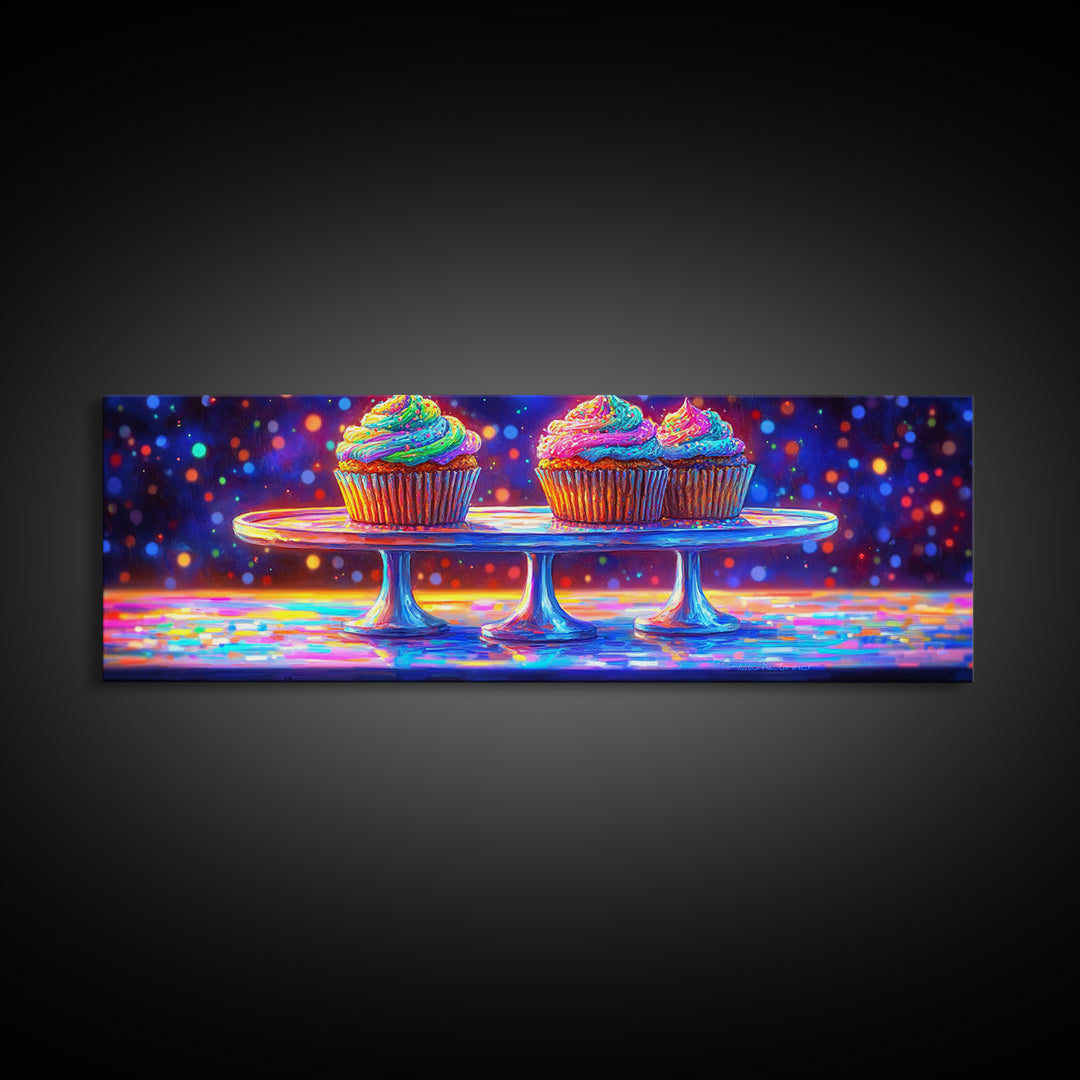 Rainbow Frosted Cupcakes On Glass Cake Stands Wall Art, Bakery Kitchen Decor, Dessert Art Print, Colorful Canvas Print Gift