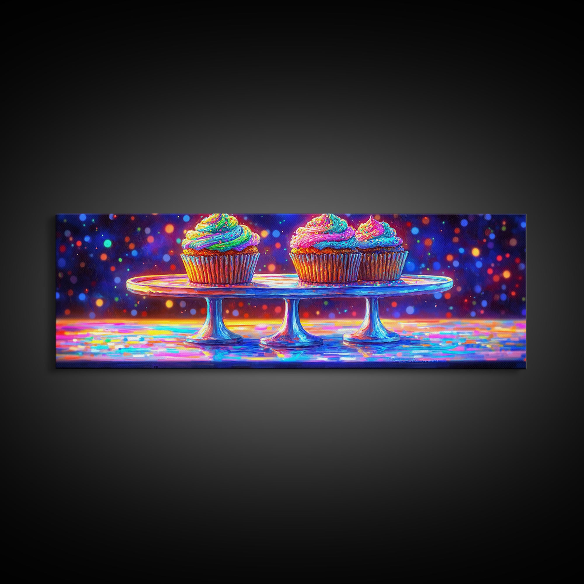 Rainbow Frosted Cupcakes On Glass Cake Stands Wall Art, Bakery Kitchen Decor, Dessert Art Print, Colorful Canvas Print Gift